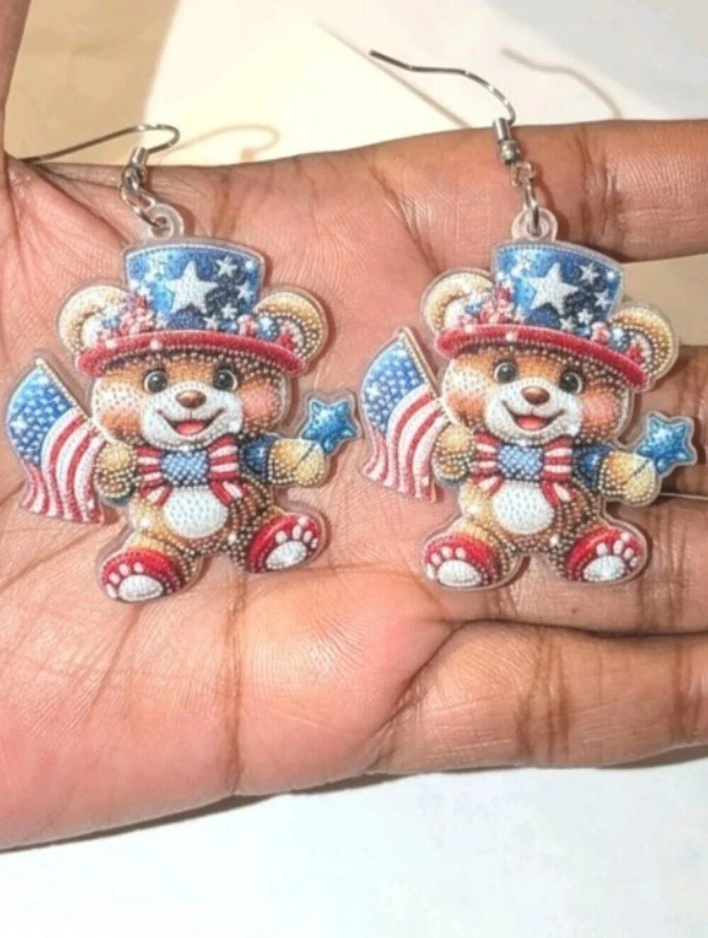 Patriotic Teddy Bear Dangle Earrings - Red White Blue